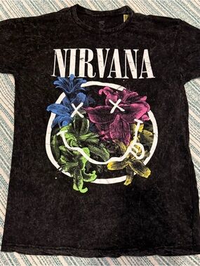 NIRVANA Black Short-Sleeve Tee with Multicolor Floral Smiley